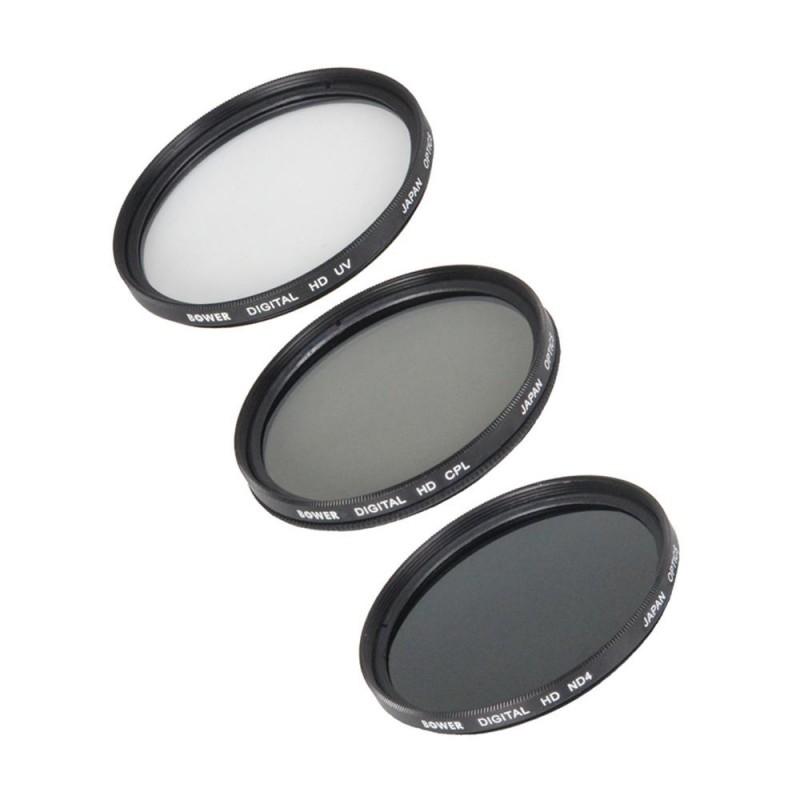 Kit de 3 Filtros Bower 55mm (UV, CPL Y DN) Con Tapa y Sujetador VFK55MM