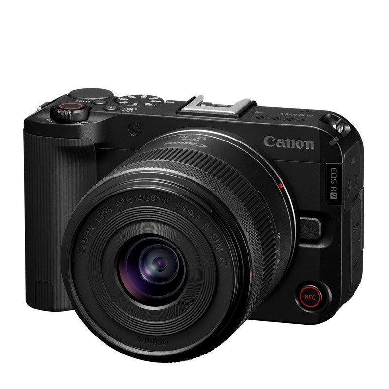Cámara profesional Canon R50 V negra con lente RF-S 14-30mm, vista frontal sobre fondo blanco.