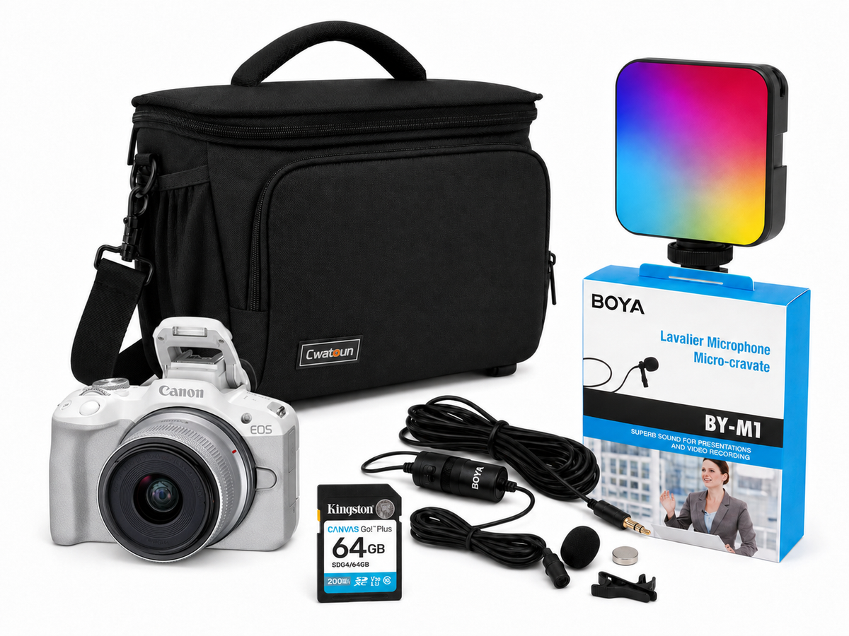 Kit Cámara Canon R50 + Mochila + Micrófono + Lámpara + Tarjeta 64GB