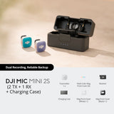 DJI Mic Mini 2S con dos transmisores, receptor y estuche de carga para grabación de audio inalámbrica.