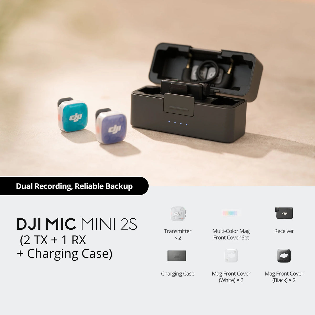 DJI Mic Mini 2S con dos transmisores, receptor y estuche de carga para grabación de audio inalámbrica.