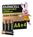 Duracell Pilas Recargables AA 2500mAh, Paquete de 4 pilas
