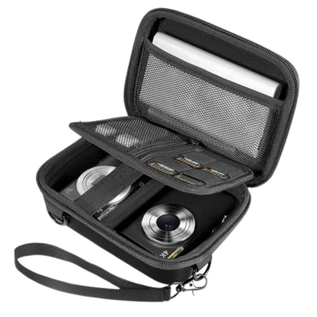 Estuche negro para cámaras compactas con compartimentos internos y correa de transporte