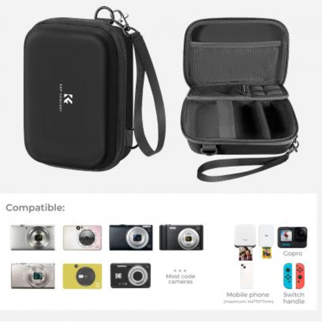 Estuche negro para cámaras compactas con compartimentos internos y correa de transporte
