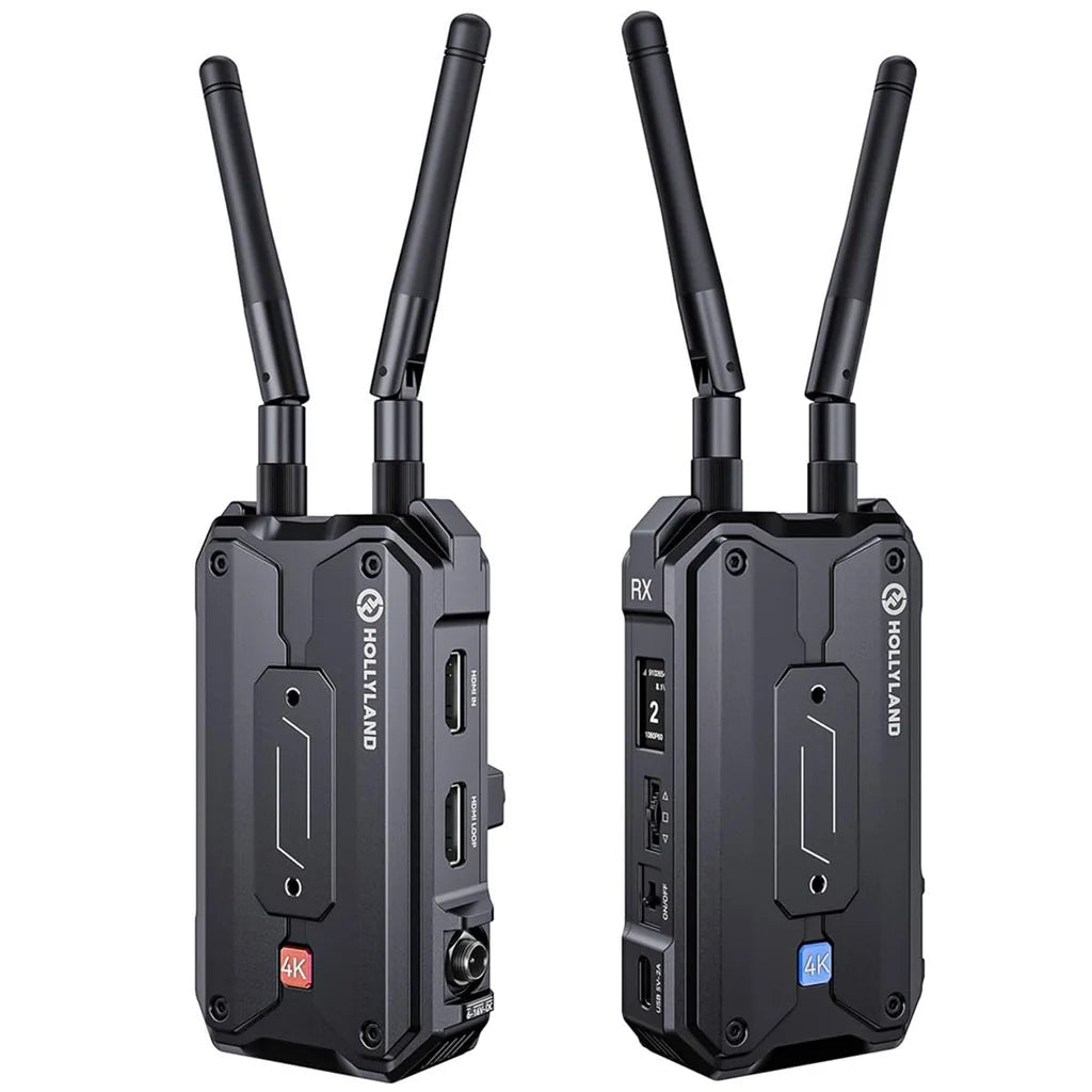 Hollyland Pyro H con transmisor y receptor inalámbricos 4K HDMI, ambos con antenas dobles sobre fondo blanco.