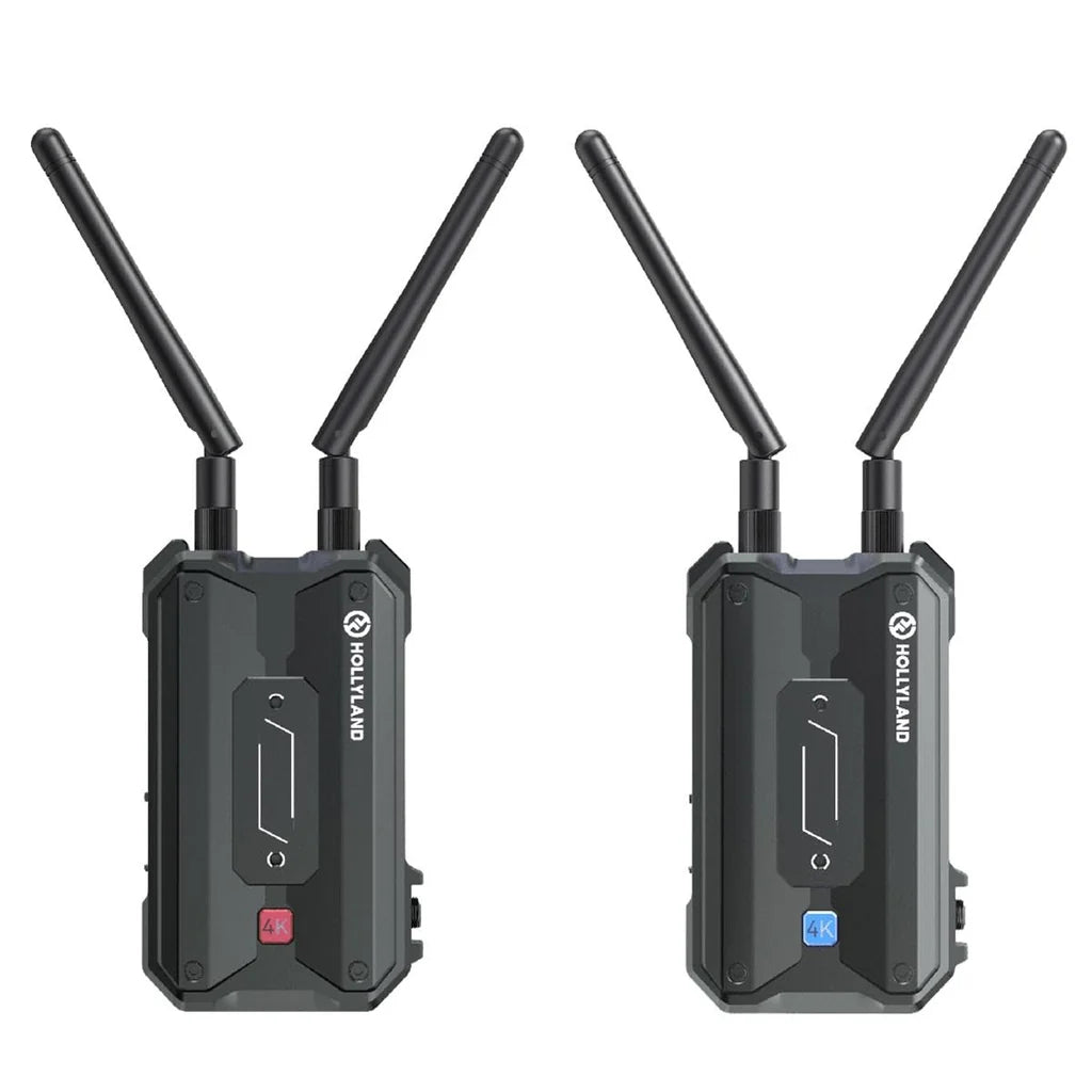 Hollyland Pyro H con transmisor y receptor inalámbricos 4K HDMI, ambos con antenas dobles sobre fondo blanco.