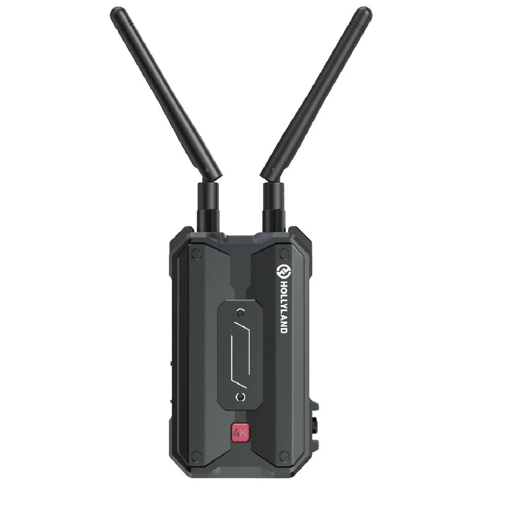 Hollyland Pyro H con transmisor y receptor inalámbricos 4K HDMI, ambos con antenas dobles sobre fondo blanco.