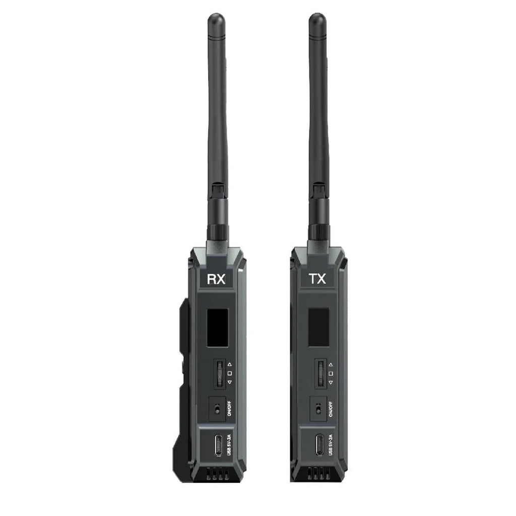 Hollyland Pyro H con transmisor y receptor inalámbricos 4K HDMI, ambos con antenas dobles sobre fondo blanco.