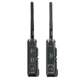 Hollyland Pyro H con transmisor y receptor inalámbricos 4K HDMI, ambos con antenas dobles sobre fondo blanco.