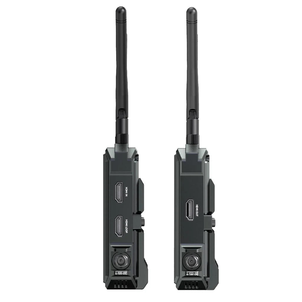 Hollyland Pyro H con transmisor y receptor inalámbricos 4K HDMI, ambos con antenas dobles sobre fondo blanco.