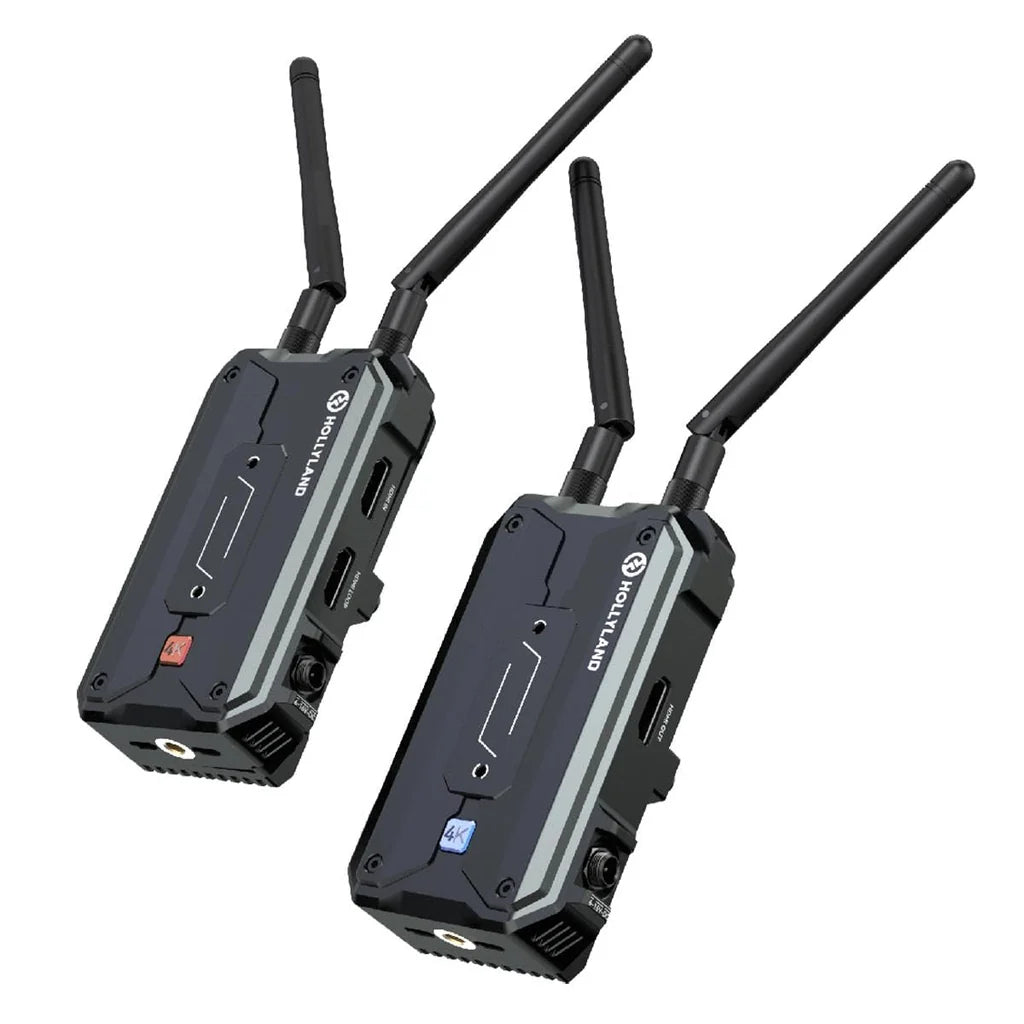 Hollyland Pyro H con transmisor y receptor inalámbricos 4K HDMI, ambos con antenas dobles sobre fondo blanco.