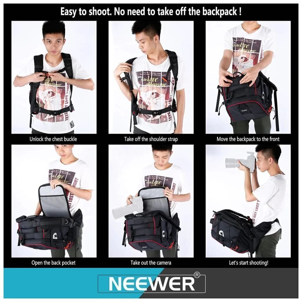 Mochila Fotográfica Profesional NEEWER NW-XJB-D2330-R Impermeable con Divisores Ajustables y Candado Antirrobo