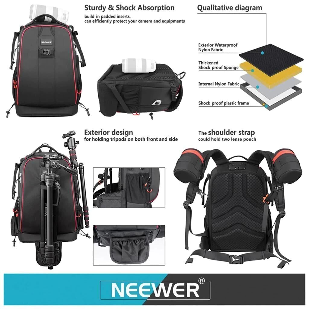 Mochila Fotográfica Profesional NEEWER NW-XJB-D2330-R Impermeable con Divisores Ajustables y Candado Antirrobo
