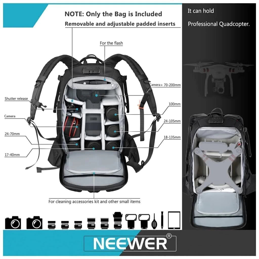 Mochila Fotográfica Profesional NEEWER NW-XJB-D2330-R Impermeable con Divisores Ajustables y Candado Antirrobo
