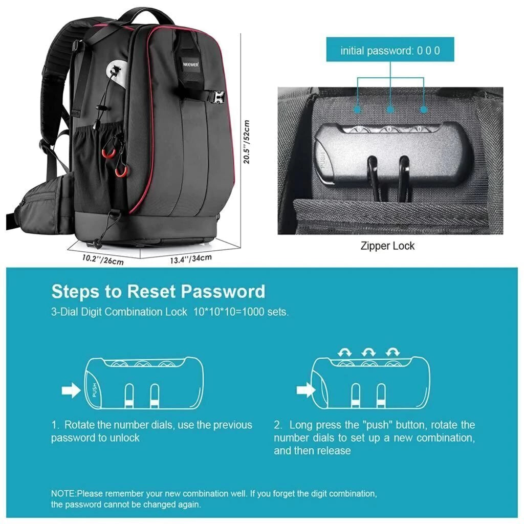 Mochila Fotográfica Profesional NEEWER NW-XJB-D2330-R Impermeable con Divisores Ajustables y Candado Antirrobo