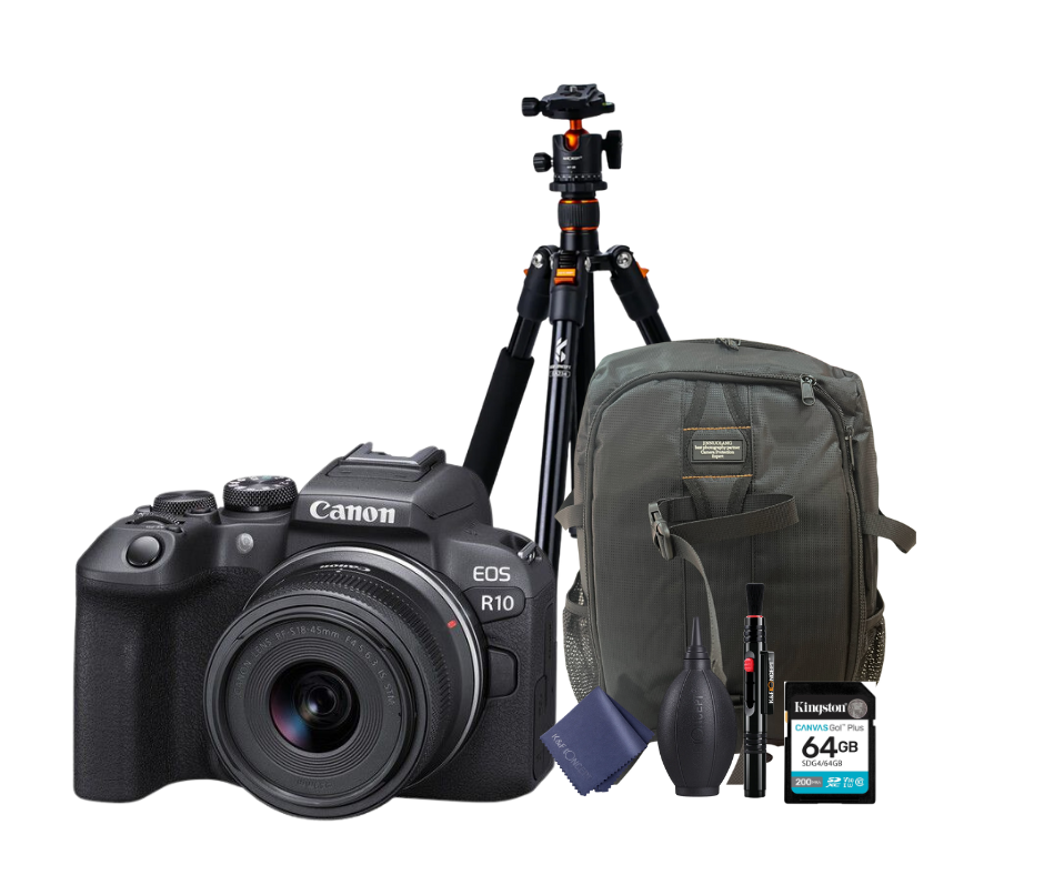 KIT Cámara R10 RF-S18-45mm  F4.5-6.3 IS STM + Tripié + Tarjeta de 64 GB + Mochila + accesorios de limpieza