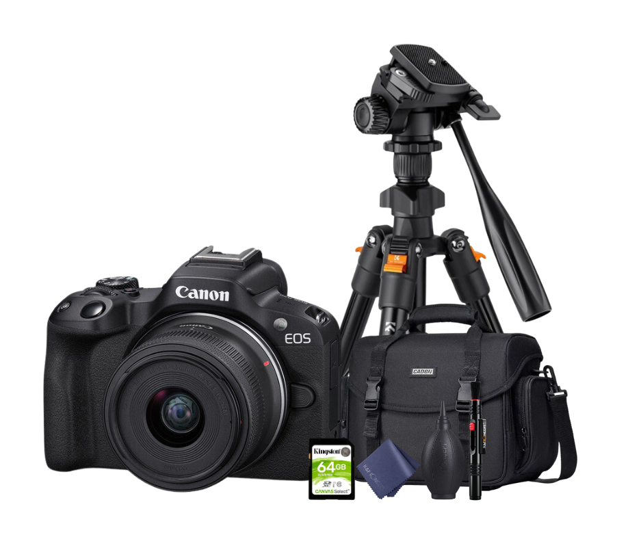 KIT Cámara R50 RF-S 18-45mm F4.5-6.3 IS STM + Tripié + Tarjeta de 64 GB + Maleta + accesorios de limpieza