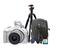 KIT Cámara R50 RF-S 18-45mm F4.5-6.3 IS STM (White) + Tripié + Tarjeta de 64 GB + Mochila + accesorios de limpieza