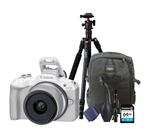 KIT Cámara R50 RF-S 18-45mm F4.5-6.3 IS STM (White) + Tripié + Tarjeta de 64 GB + Mochila + accesorios de limpieza