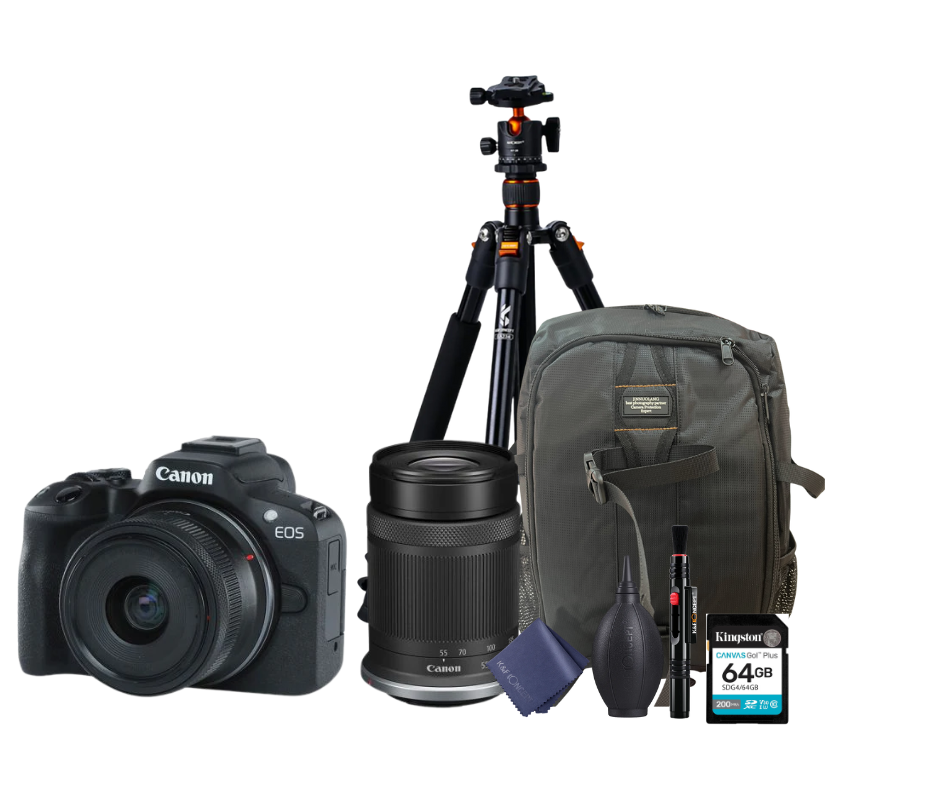 KIT Cámara R50  RF-S 18-45mm F4.5-6.3 IS STM + 55-210mm + Tripié + Tarjeta de 64 GB + Mochila + accesorios de limpieza