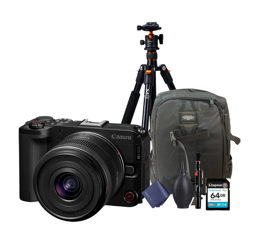 KIT Cámara R50V RF-S 14-30mm F4-6.3 IS STM PZ + Tripié + Tarjeta de 64 GB + Mochila + accesorios de limpieza