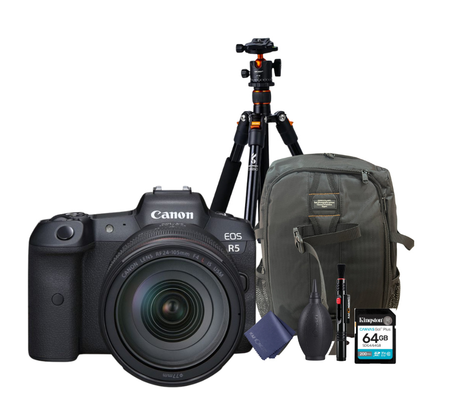 KIT Cámara R5 RF24-105mm F4 L IS USM + Tripié + Tarjeta de 64 GB + Mochila + accesorios de limpieza