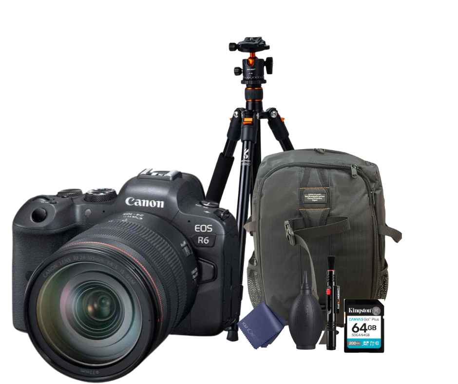 KIT Cámara R6 RF24-105mm F4 L IS USM + Tripié + Tarjeta de 64 GB + Mochila + accesorios de limpieza