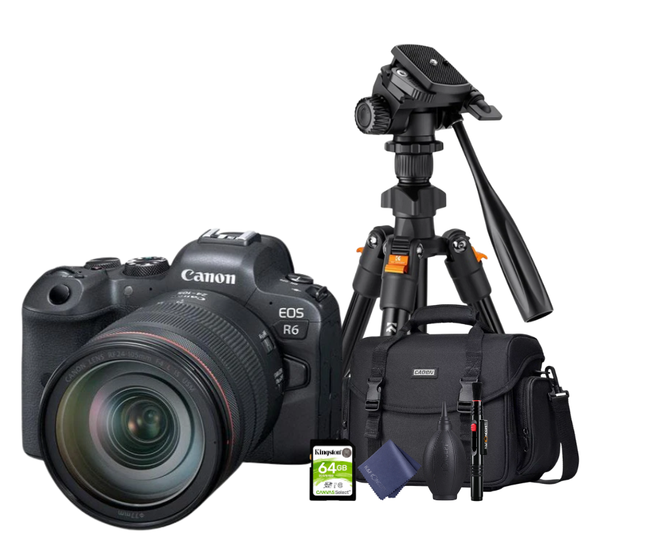 KIT Cámara R6 RF24-105mm F4 L IS USM + Tripié + Tarjeta de 64 GB + Maleta + accesorios de limpieza
