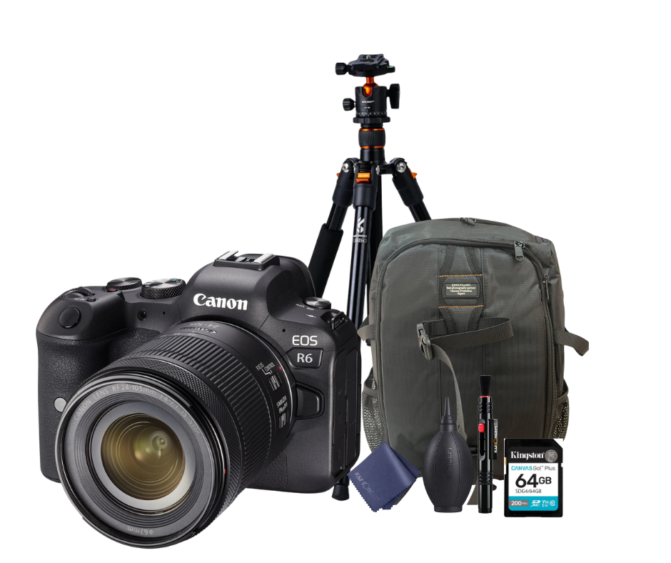 KIT Cámara R6 RF24-105mm F4-7.1 IS STM + Tripié + Tarjeta de 64 GB + Mochila + accesorios de limpieza