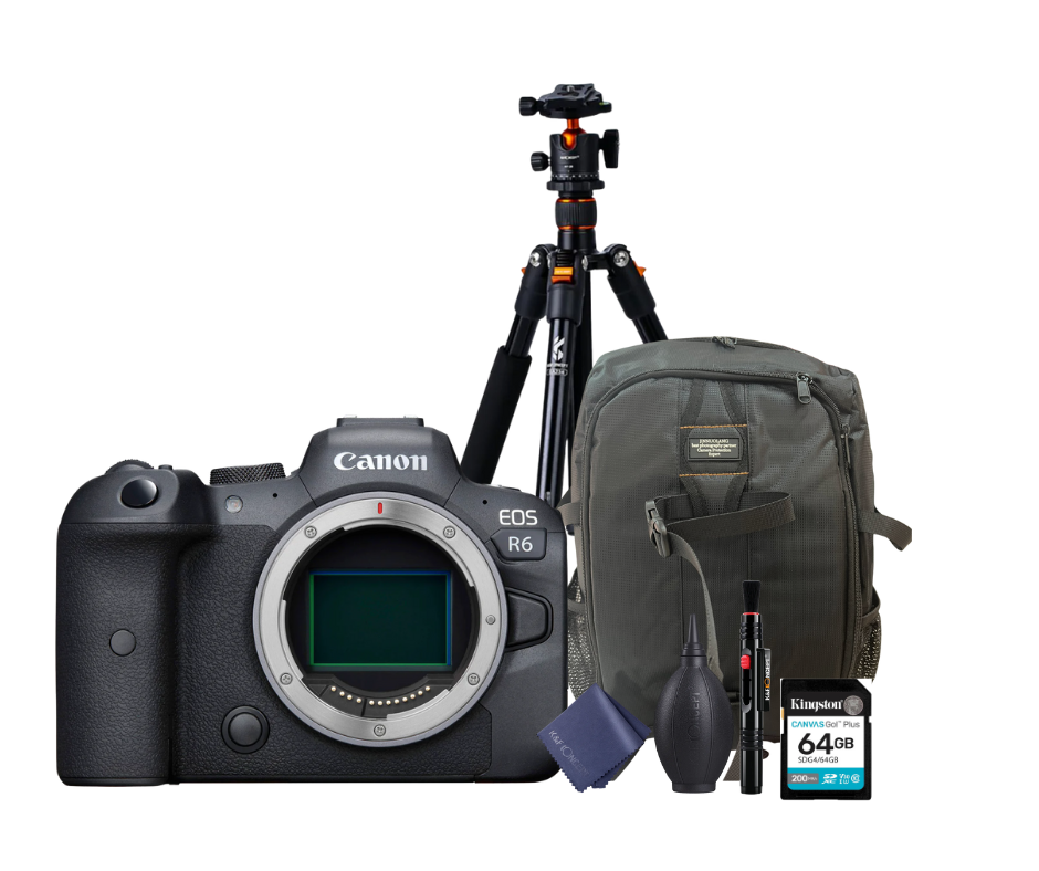 KIT Cámara R6 Body + Tripié + Tarjeta de 64 GB + Mochila + accesorios de limpieza