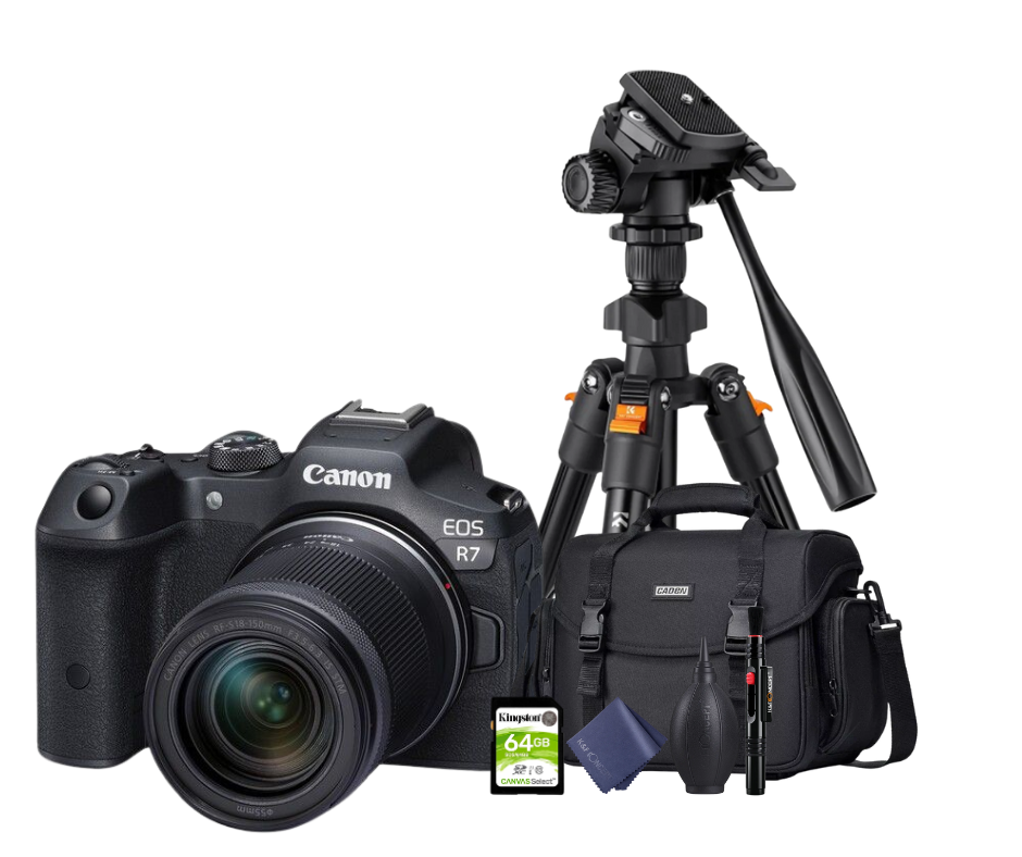 KIT Cámara R7 RF-S18-150mm  F3.5-6.3 IS STM + Tripié + Tarjeta de 64 GB + Maleta + accesorios de limpieza