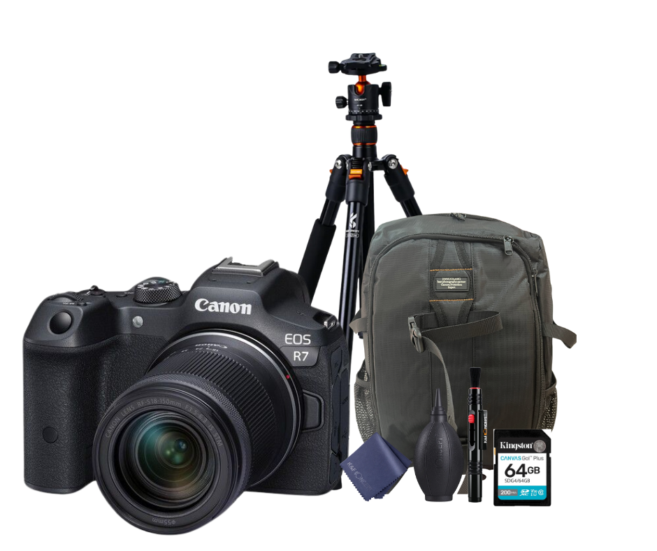 KIT Cámara R7 RF-S18-150mm  F3.5-6.3 IS STM + Tripié + Tarjeta de 64 GB + Mochila + accesorios de limpieza