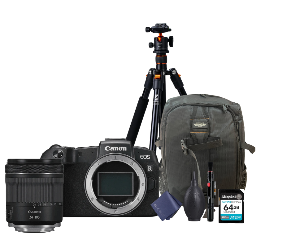 KIT Cámara RP RF24-105mm F4-7.1 IS STM + Tripié + Tarjeta de 64 GB + Mochila + accesorios de limpieza