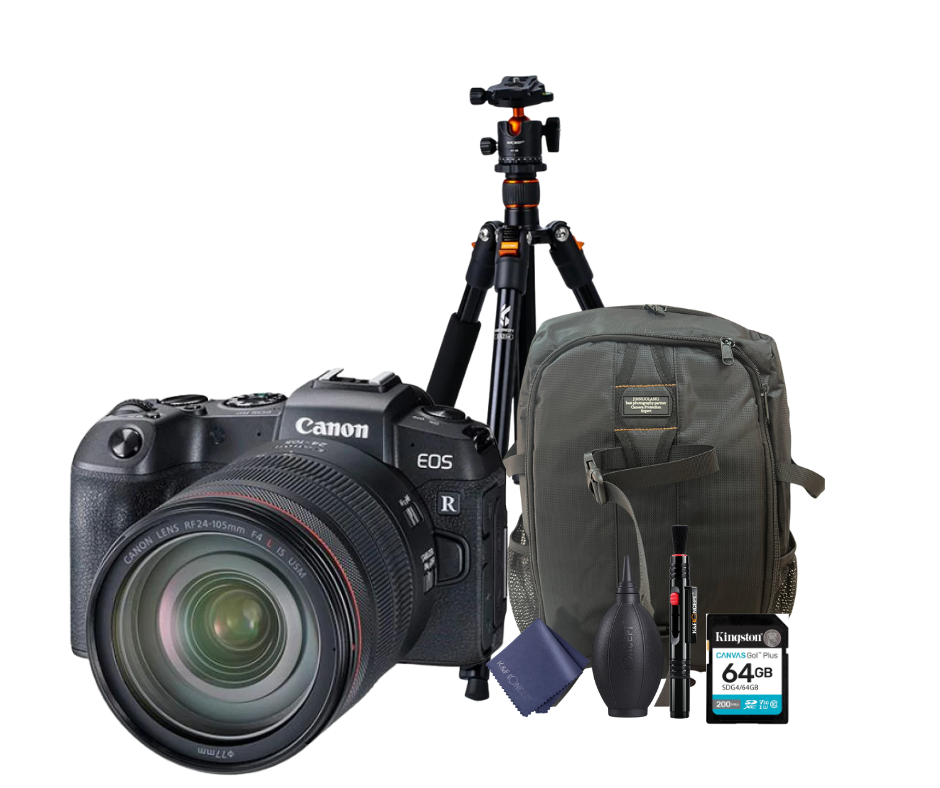 KIT Cámara RP RF24-105mm F4 L IS USM + Tripié + Tarjeta de 64 GB + Mochila + accesorios de limpieza