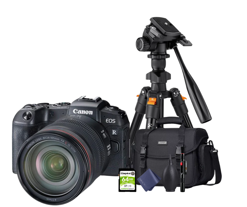 KIT Cámara RP RF24-105mm F4 L IS USM + Tripié + Tarjeta de 64 GB + Maleta + accesorios de limpieza