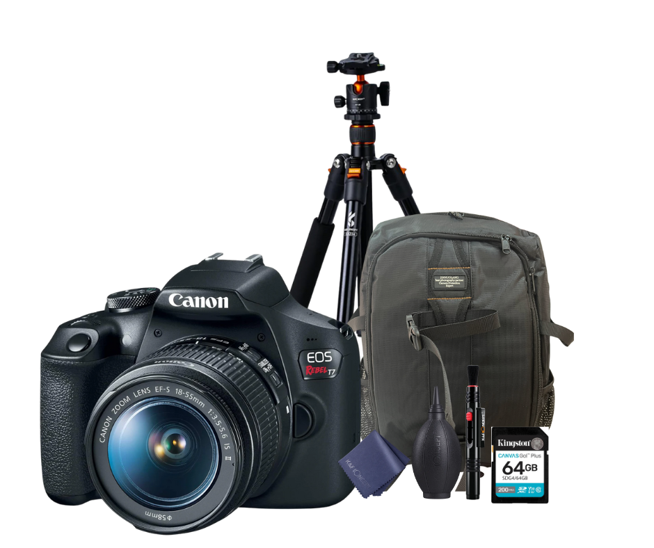 KIT Cámara T7 EF-S 18–55mm + Tripié + Tarjeta de 64 GB + Mochila + accesorios de limpieza