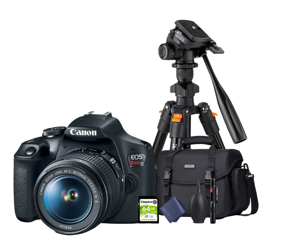KIT Cámara T7 EF-S 18–55mm + Tripié + Tarjeta de 64 GB + Maleta + accesorios de limpieza