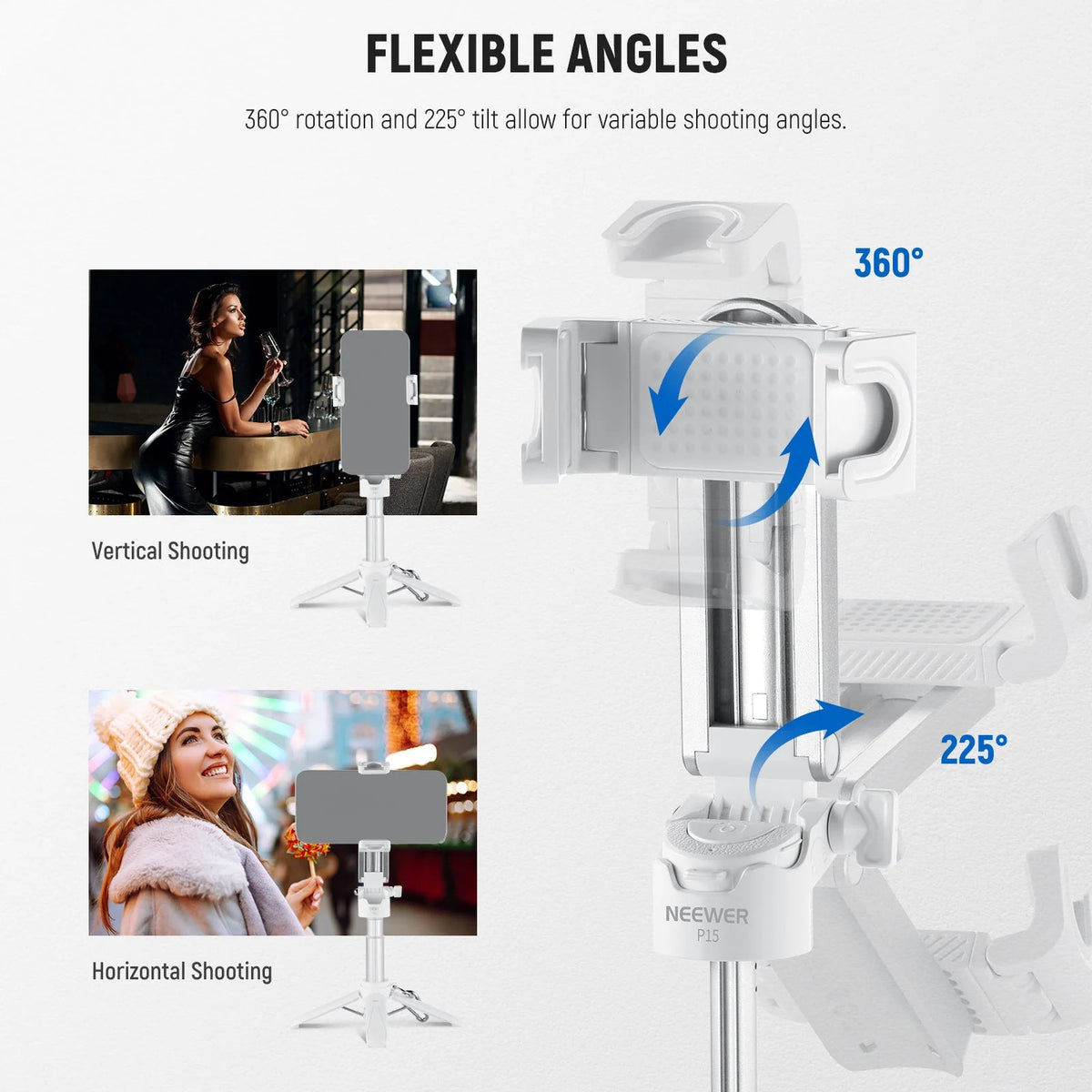 Trípode Selfie Plegable 3 en 1 con Control Bluetooth, Soporte 360° y Doble Zapata Fría NEEWER P15