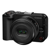 Cámara profesional Canon R50 V negra con lente RF-S 14-30mm, vista frontal sobre fondo blanco.
