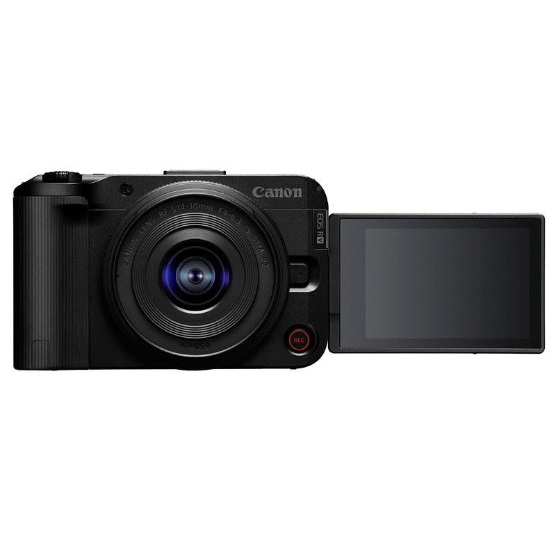 Cámara profesional Canon R50 V negra con lente RF-S 14-30mm, vista frontal sobre fondo blanco.