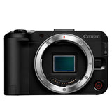 Cámara profesional Canon R50 V negra con lente RF-S 14-30mm, vista frontal sobre fondo blanco.