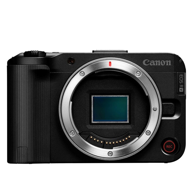 Cámara profesional Canon R50 V negra con lente RF-S 14-30mm, vista frontal sobre fondo blanco.