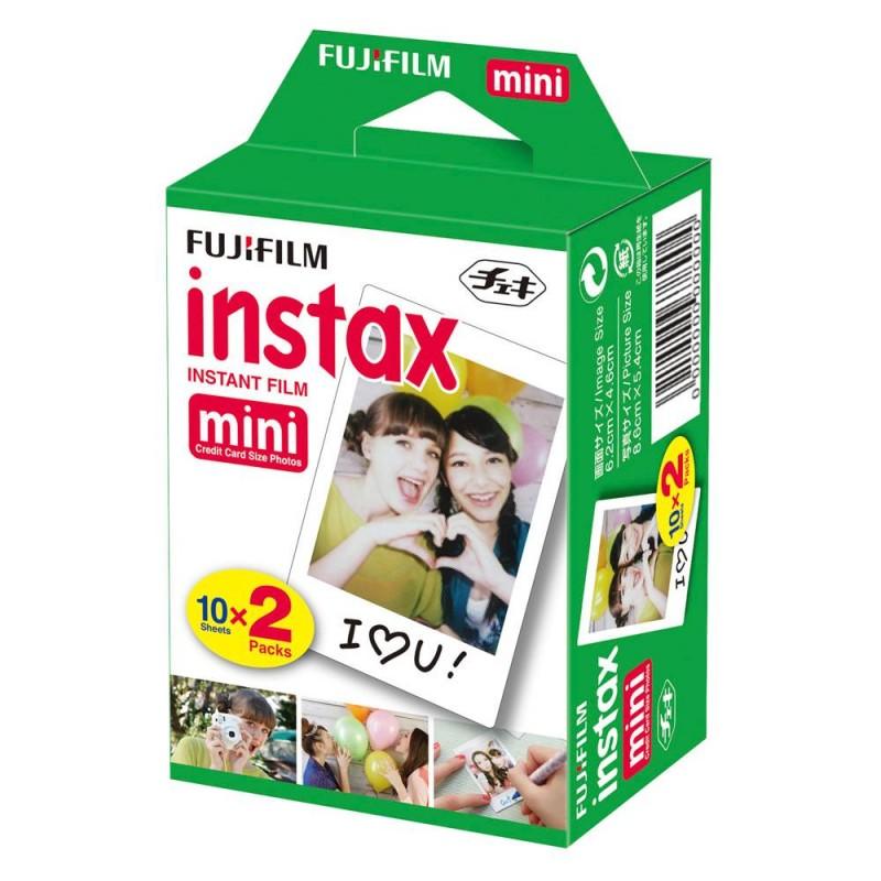 Película Fujifilm Instax Mini Twin Pack con 20 hojas instantáneas, distribuidas en dos cartuchos de 10 fotos.
